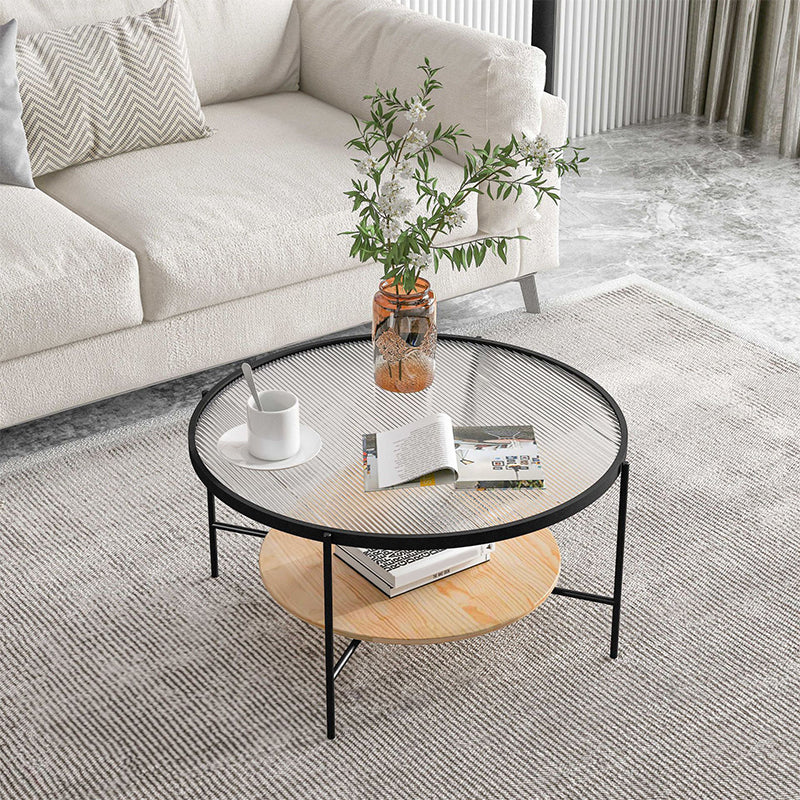 Contemporary 3 Legs Glass with Storage Shelf Round Single Coffee Table
