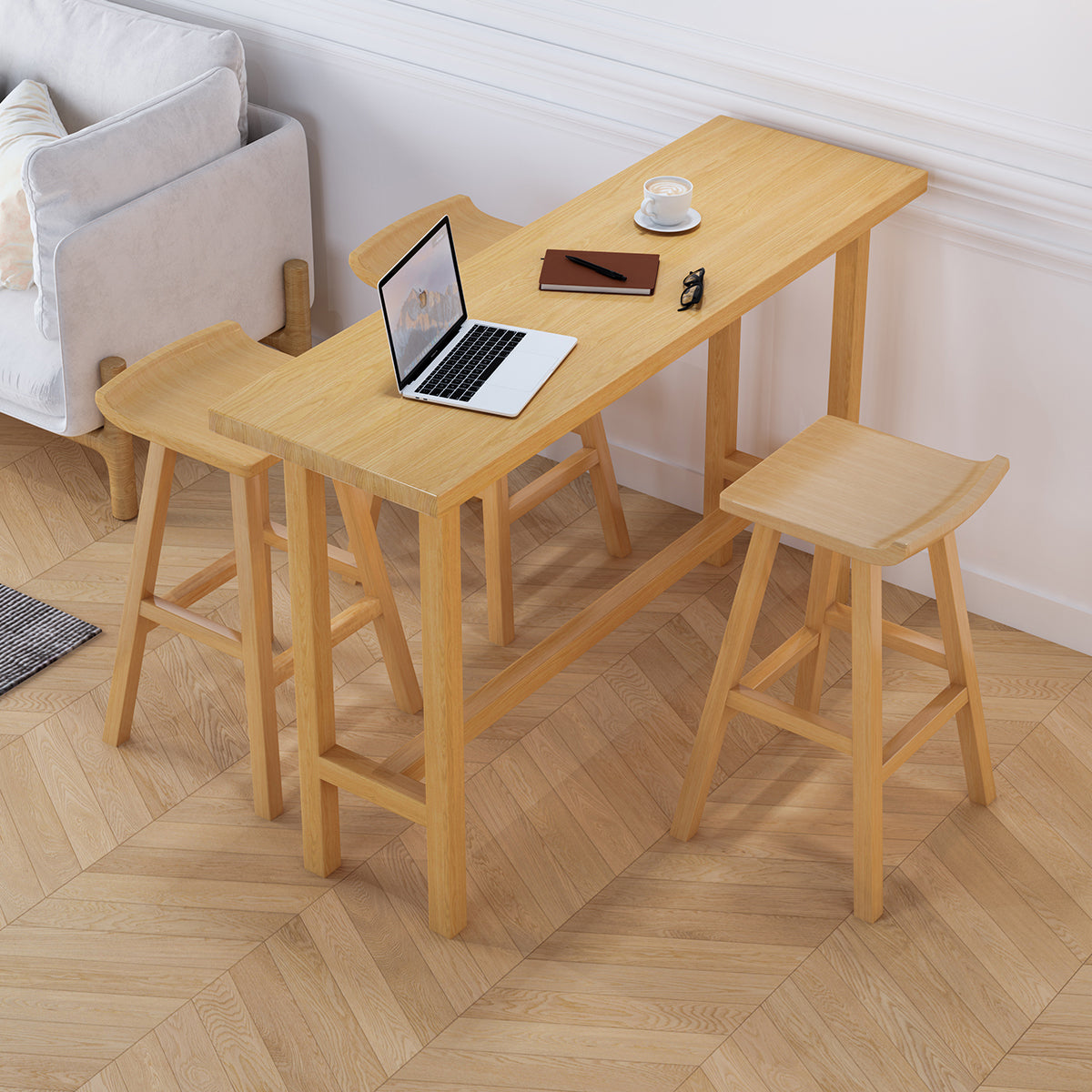 Natural Bar Table Set 1/4 Pieces Rectangle Solid Wood Counter Table Set