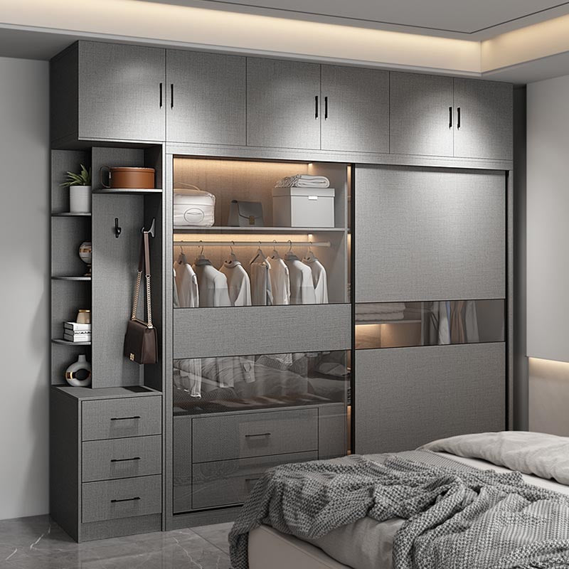 Modern Style Glass Wardrobe Gray Colour Soft Close Drawer Wardrobe Closet
