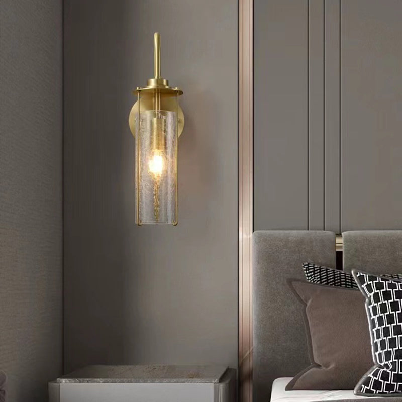 Modern Metal Wall Sconce Cylinder Shape Wall Light with Glass Shade for Bedroom