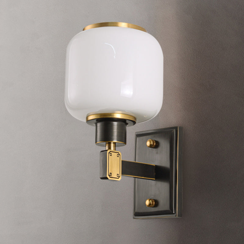 Modern Metal Wall Sconce Lantern Shape Wall Light with Glass Shade for Bedroom