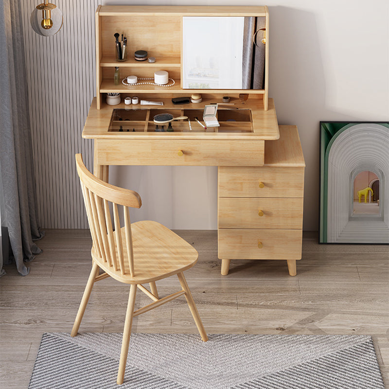 Mirrored Wood Makeup Dressing Table Stool Set in Natural/Walnut Finish