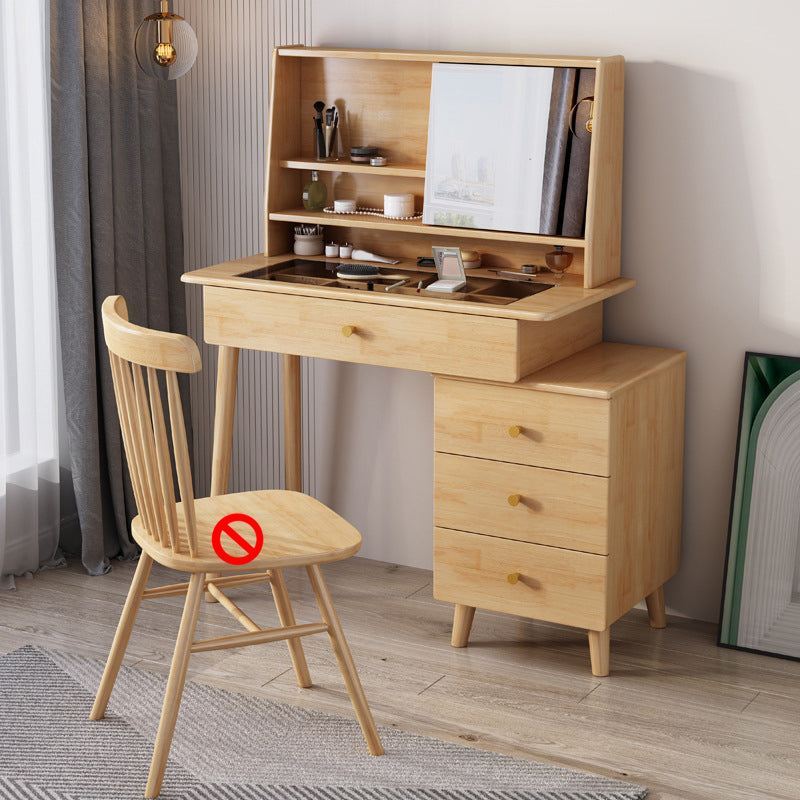Mirrored Wood Makeup Dressing Table Stool Set in Natural/Walnut Finish