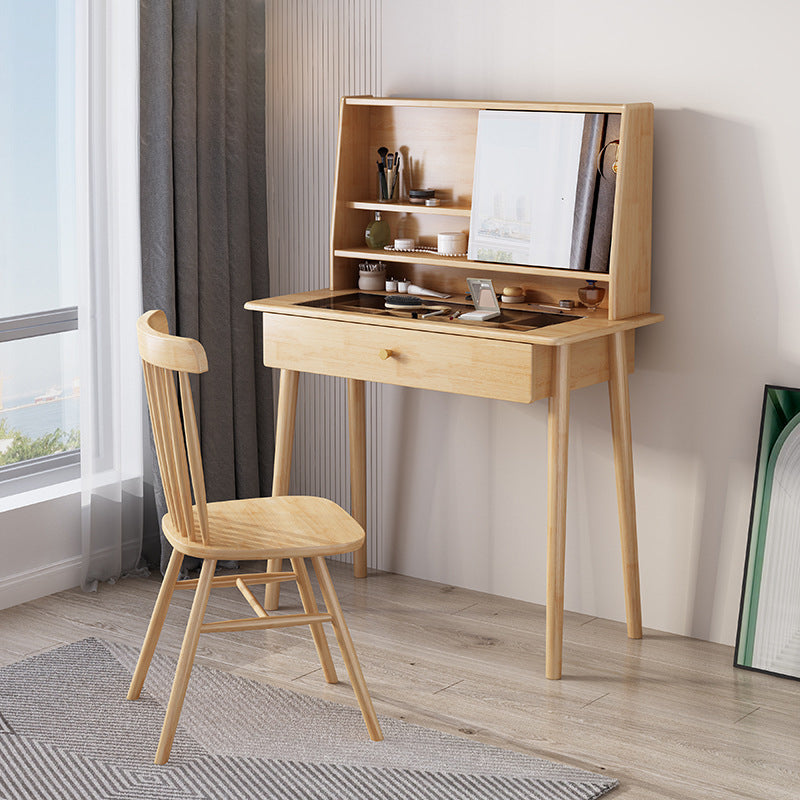 Mirrored Wood Makeup Dressing Table Stool Set in Natural/Walnut Finish