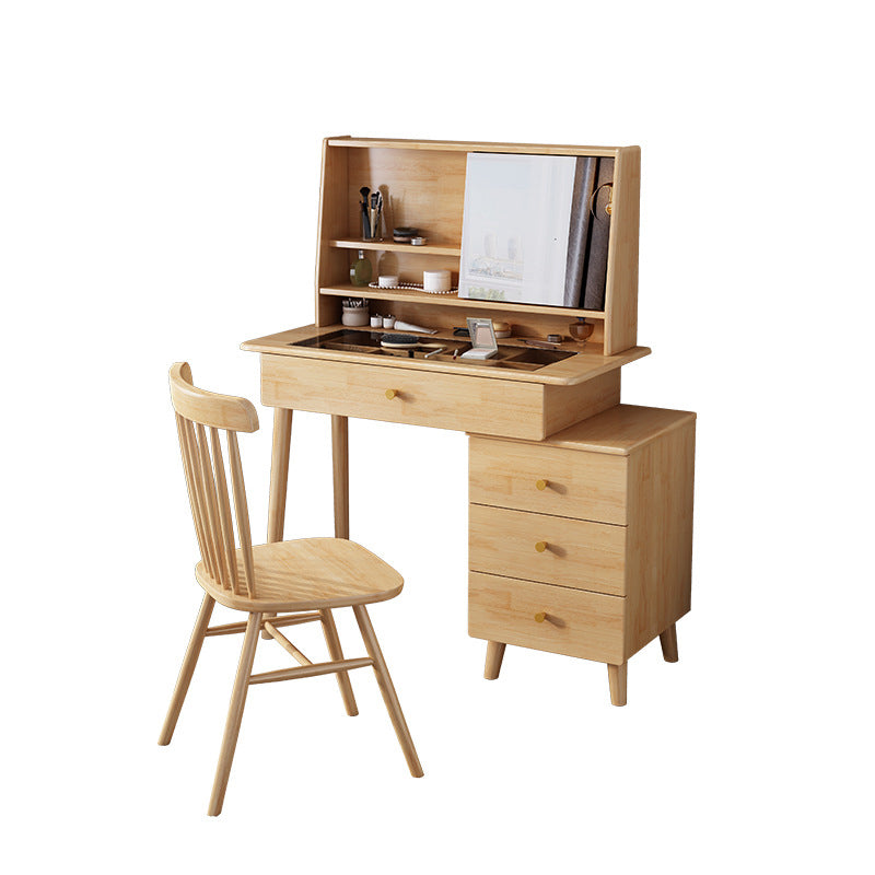 Mirrored Wood Makeup Dressing Table Stool Set in Natural/Walnut Finish