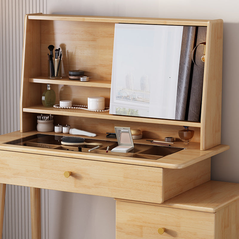 Mirrored Wood Makeup Dressing Table Stool Set in Natural/Walnut Finish