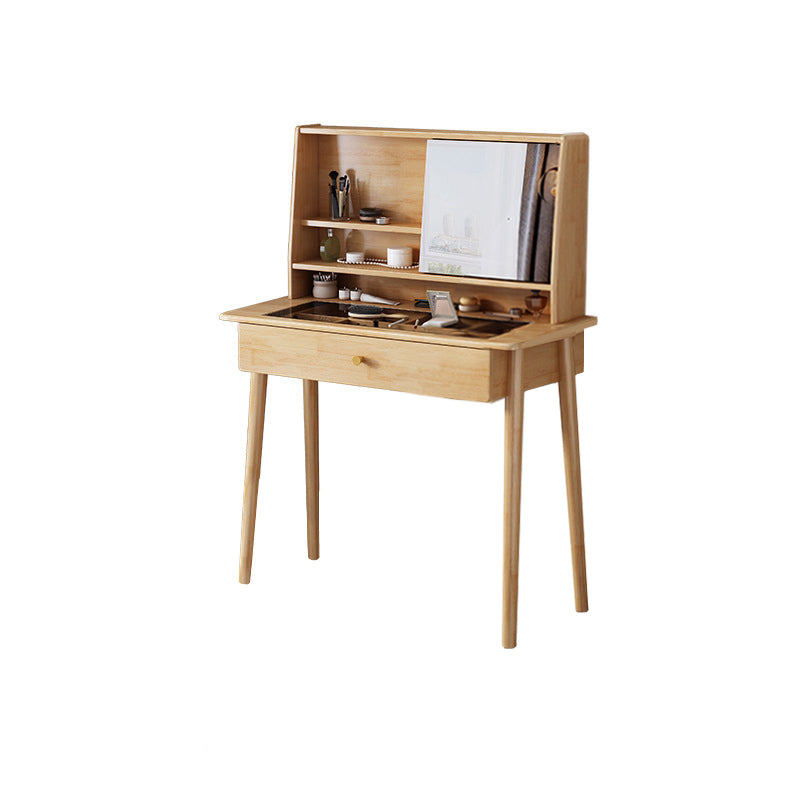 Mirrored Wood Makeup Dressing Table Stool Set in Natural/Walnut Finish