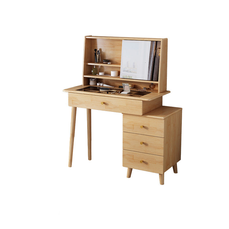 Mirrored Wood Makeup Dressing Table Stool Set in Natural/Walnut Finish