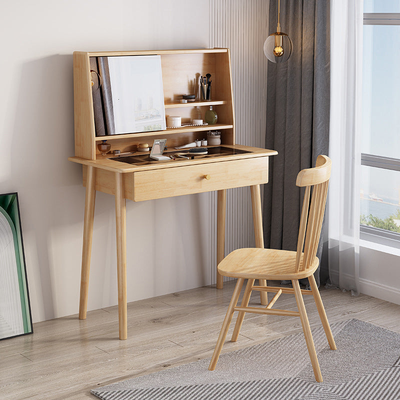 Mirrored Wood Makeup Dressing Table Stool Set in Natural/Walnut Finish