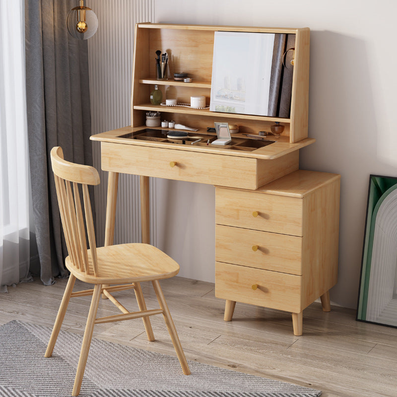 Mirrored Wood Makeup Dressing Table Stool Set in Natural/Walnut Finish