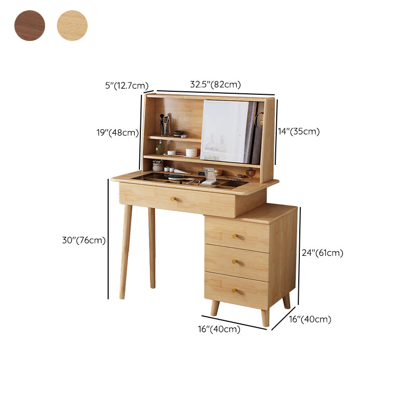 Mirrored Wood Makeup Dressing Table Stool Set in Natural/Walnut Finish
