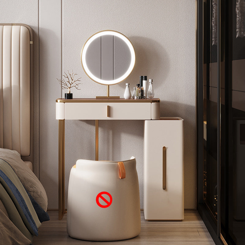 Luxurious Glass Vanity Table with Mirror & Stool 3 Drawers Beige Dressing Table