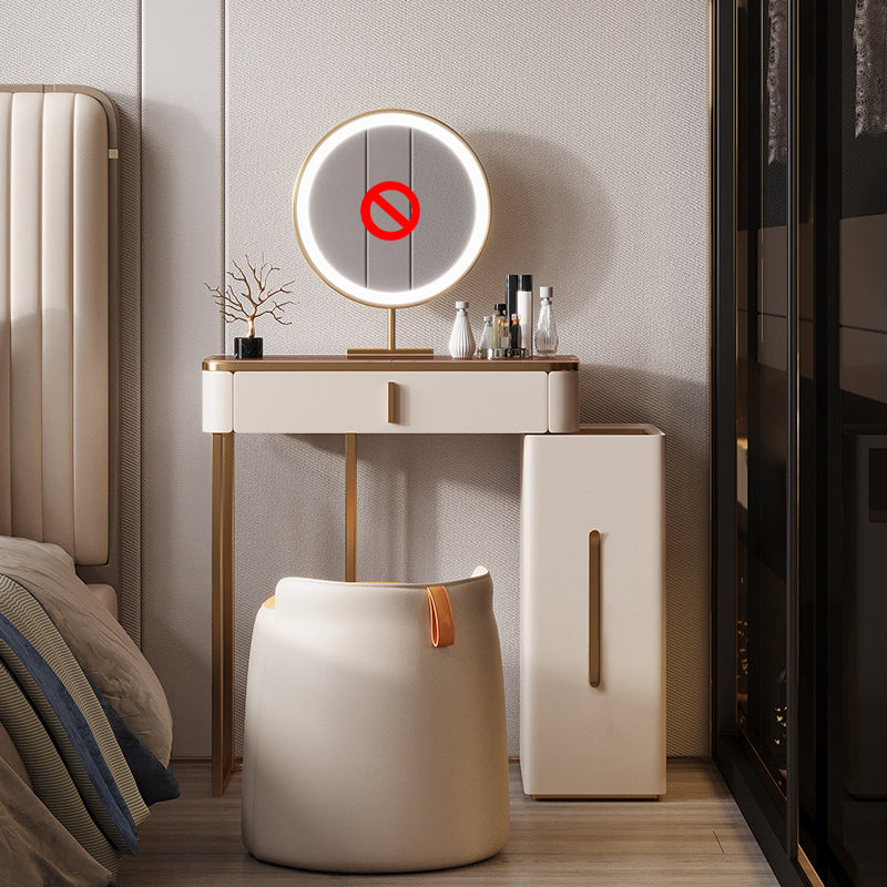 Luxurious Glass Vanity Table with Mirror & Stool 3 Drawers Beige Dressing Table
