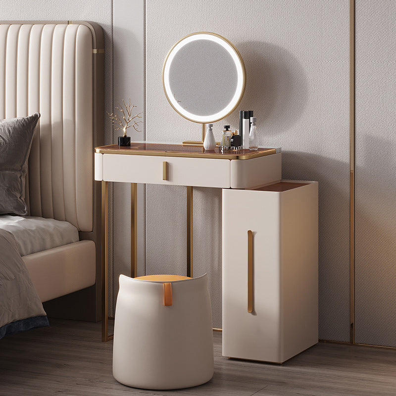 Luxurious Glass Vanity Table with Mirror & Stool 3 Drawers Beige Dressing Table