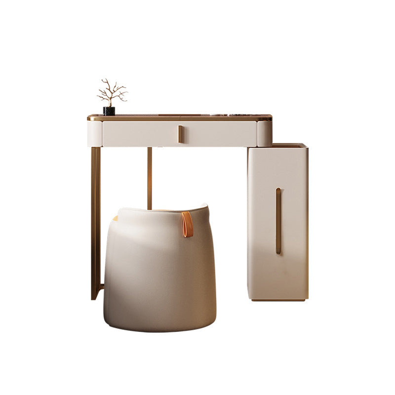 Luxurious Glass Vanity Table with Mirror & Stool 3 Drawers Beige Dressing Table