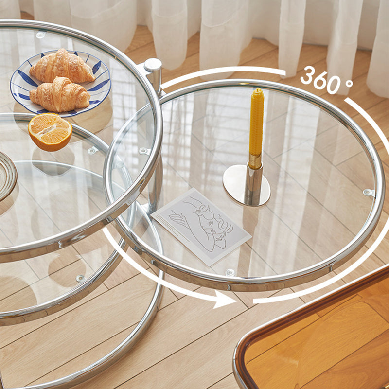 Extendable Coffee Table with Glass Round Top and Stainless Steel Base
