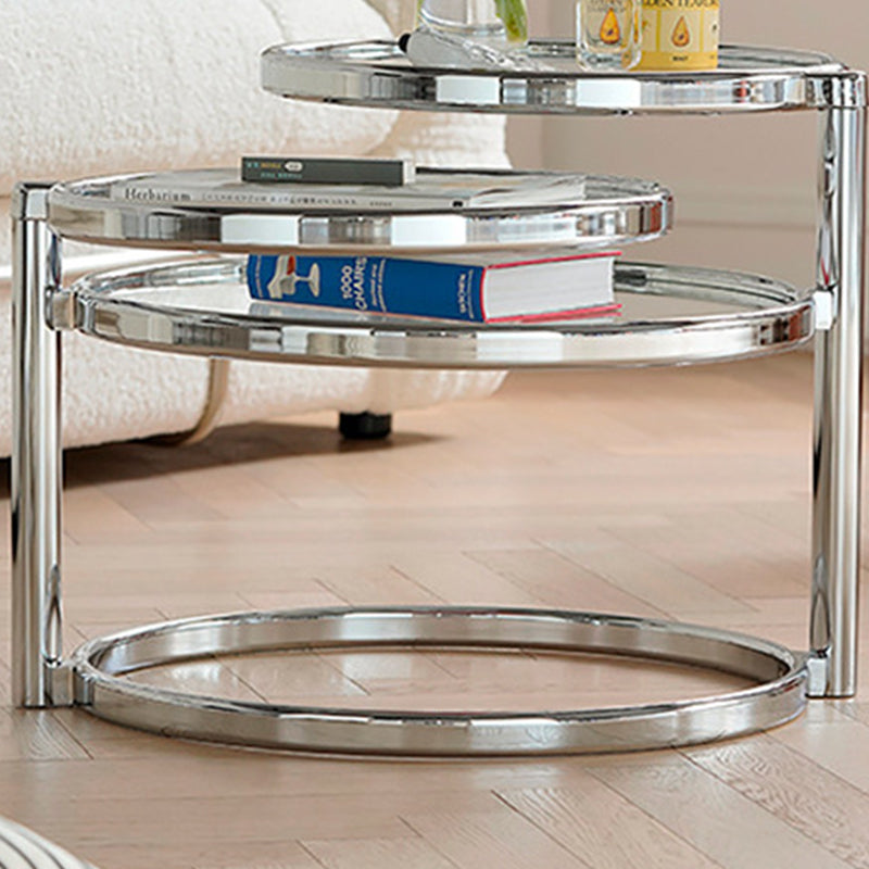 Extendable Coffee Table with Glass Round Top and Stainless Steel Base