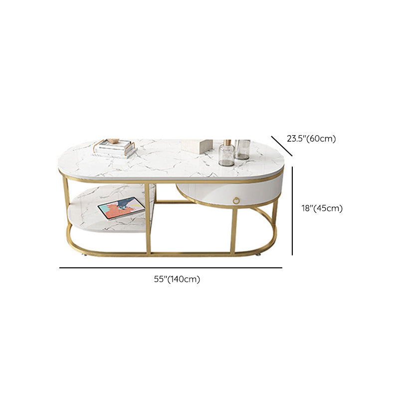 Glam Style Cocktail Table with Shelf and Drawer Stone Ova Top Coffee Table