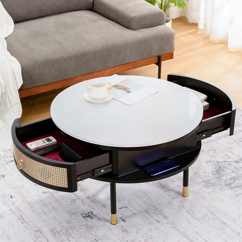 17.7" H Round Slate Coffee Table 4 Legs Cocktail Table with 2 Drawers