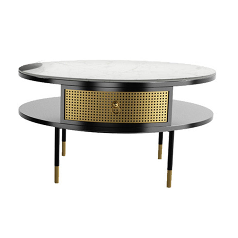 17.7" H Round Slate Coffee Table 4 Legs Cocktail Table with 2 Drawers