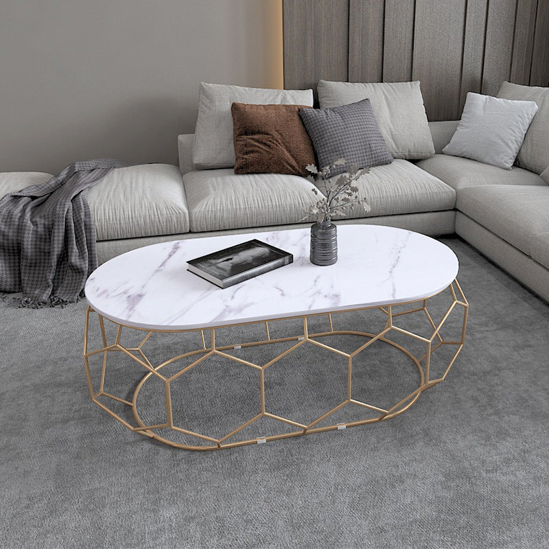Glam Slate Coffee Table with Iron Frame and Oval Stone Top Cocktail Table