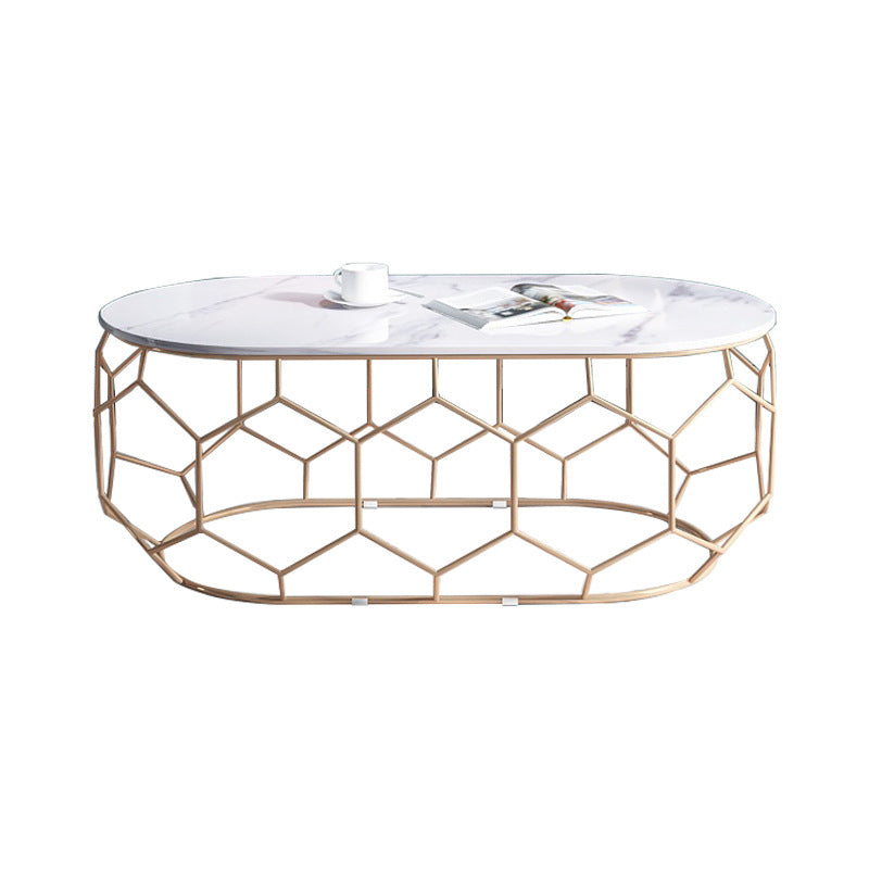 Glam Slate Coffee Table with Iron Frame and Oval Stone Top Cocktail Table