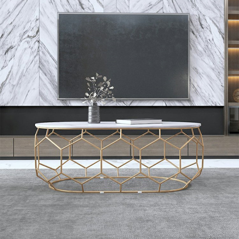 Glam Slate Coffee Table with Iron Frame and Oval Stone Top Cocktail Table