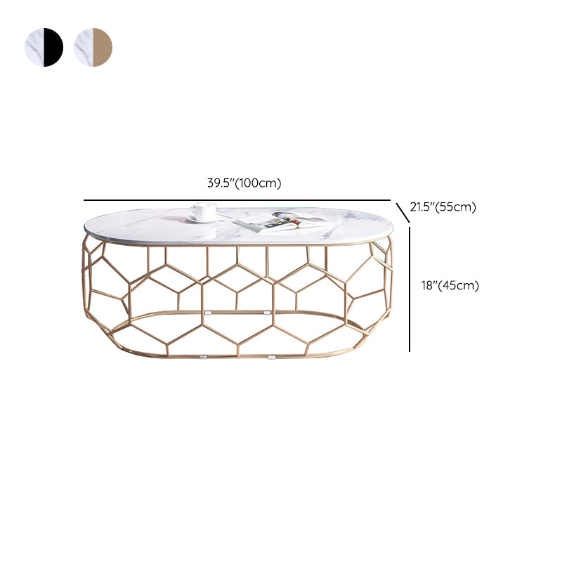 Glam Slate Coffee Table with Iron Frame and Oval Stone Top Cocktail Table