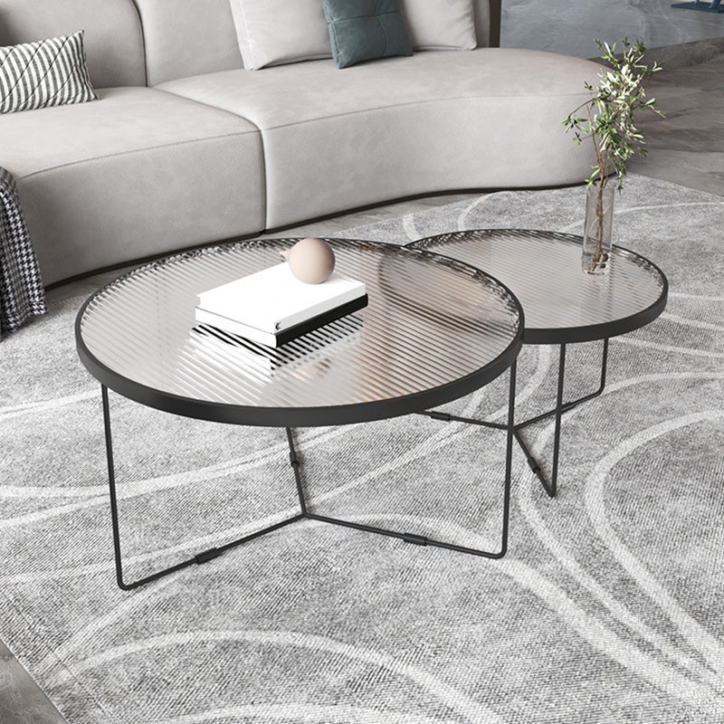 Contemporary Cross Legs Glass Round Metal Nesting Coffee Table Set