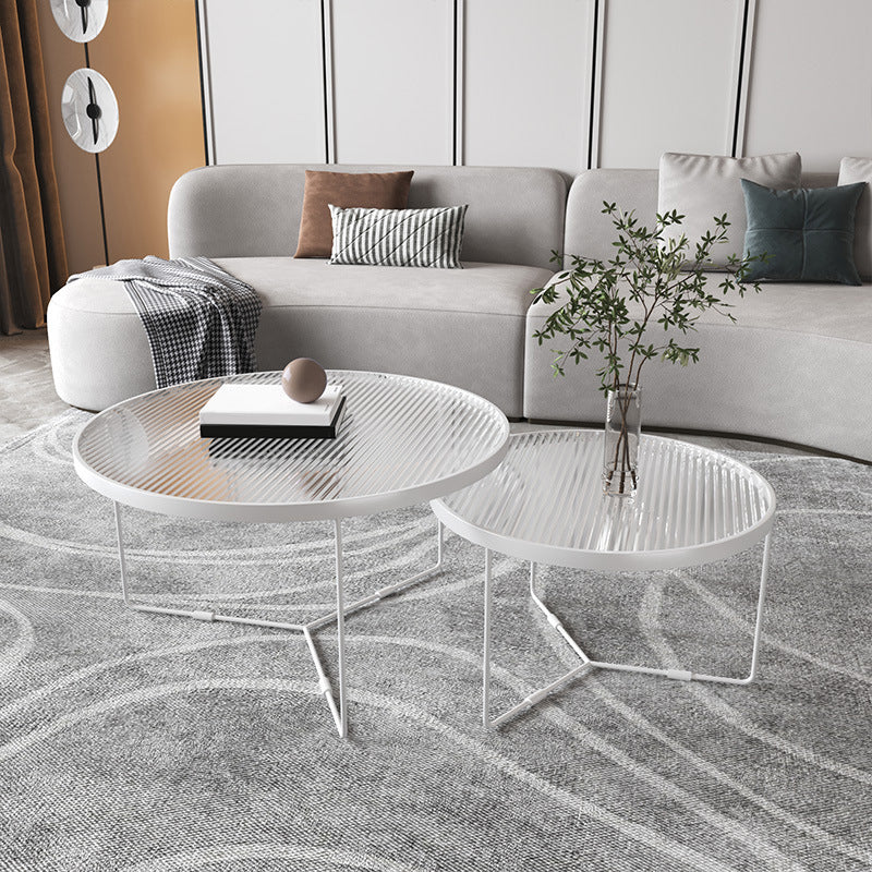 Contemporary Cross Legs Glass Round Metal Nesting Coffee Table Set