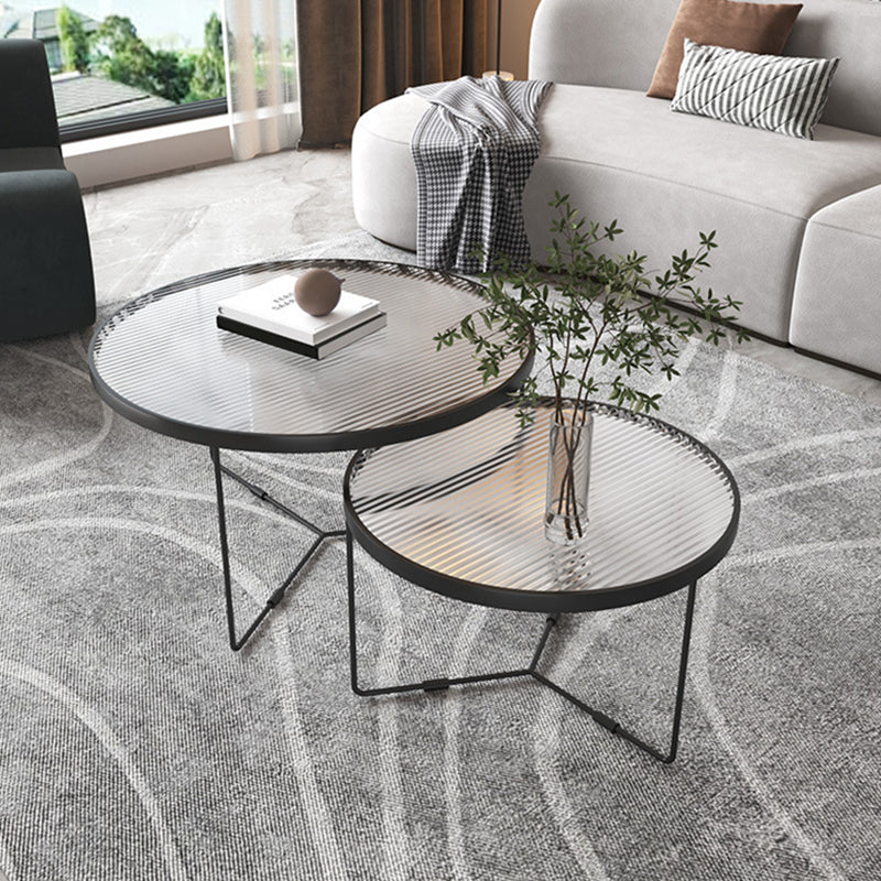 Contemporary Cross Legs Glass Round Metal Nesting Coffee Table Set
