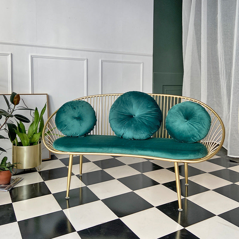 Modern Sloped Arm Sofa in Gold Metal Frame Sofa with 3 Pillows