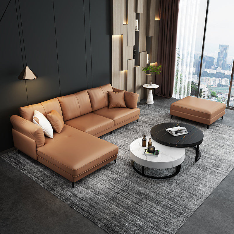 Modern 33.46 " H Brown Faux Leather Pillow Top Arm Sofa & Chaise