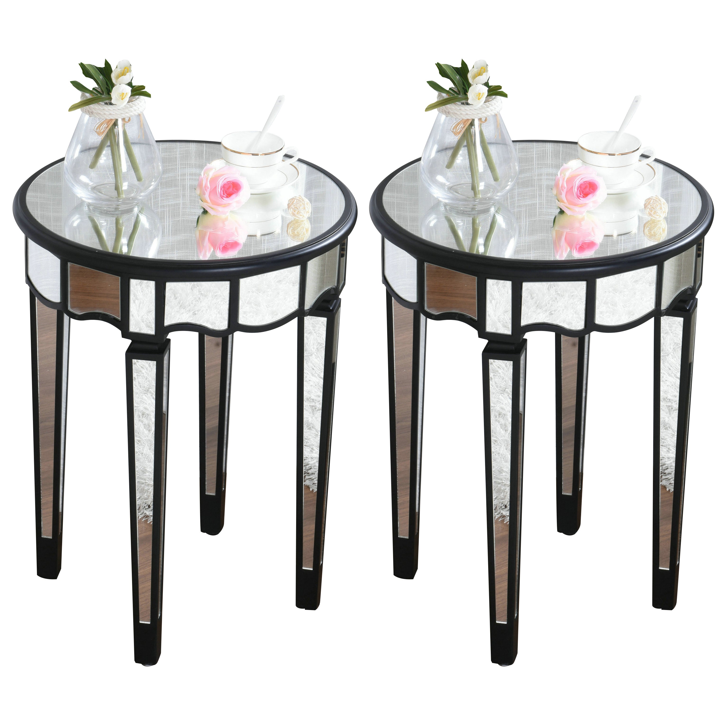 Round Glass Top Side End Table Modernistic Solid Wood 4 Legs End Table