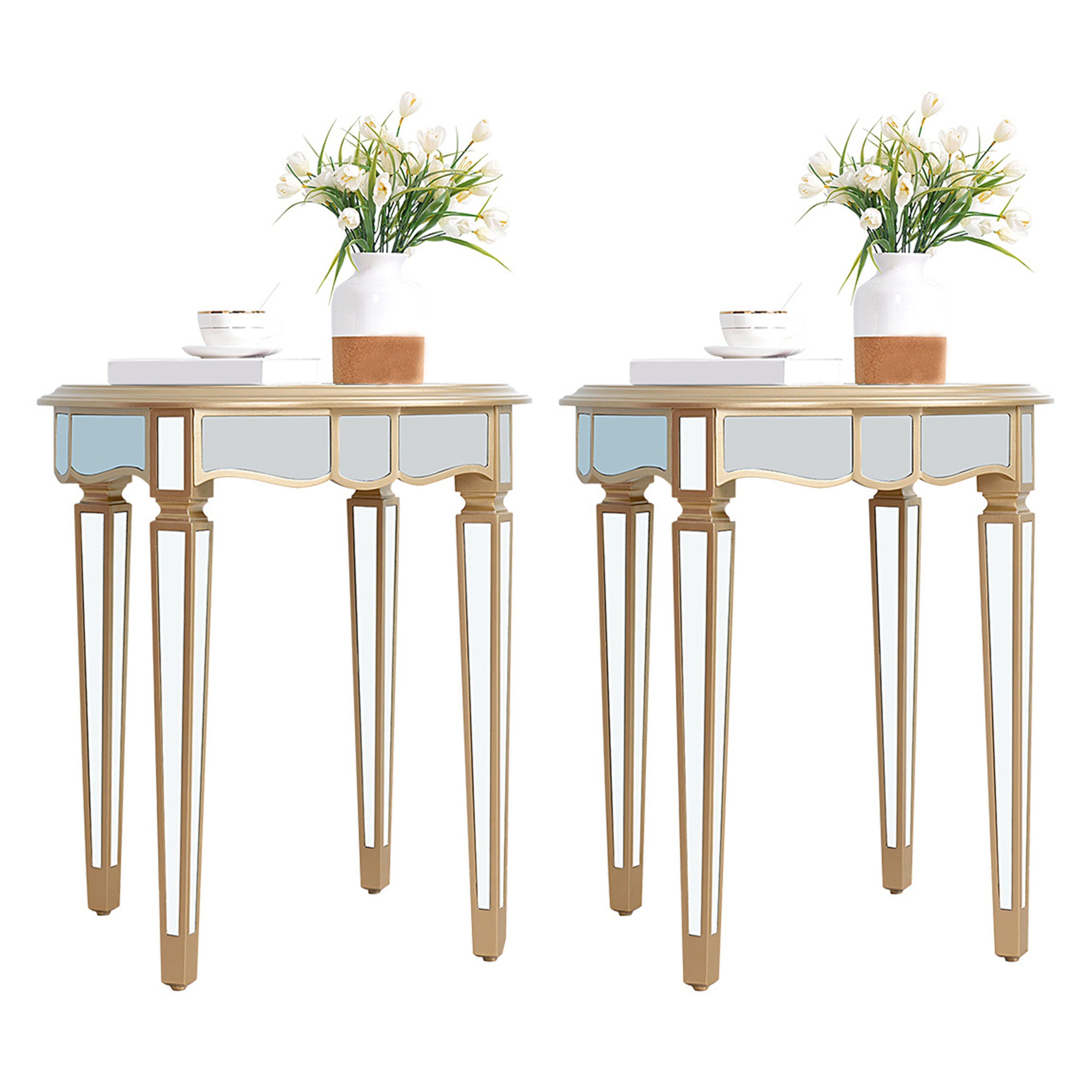 Round Glass Top Side End Table Modernistic Solid Wood 4 Legs End Table