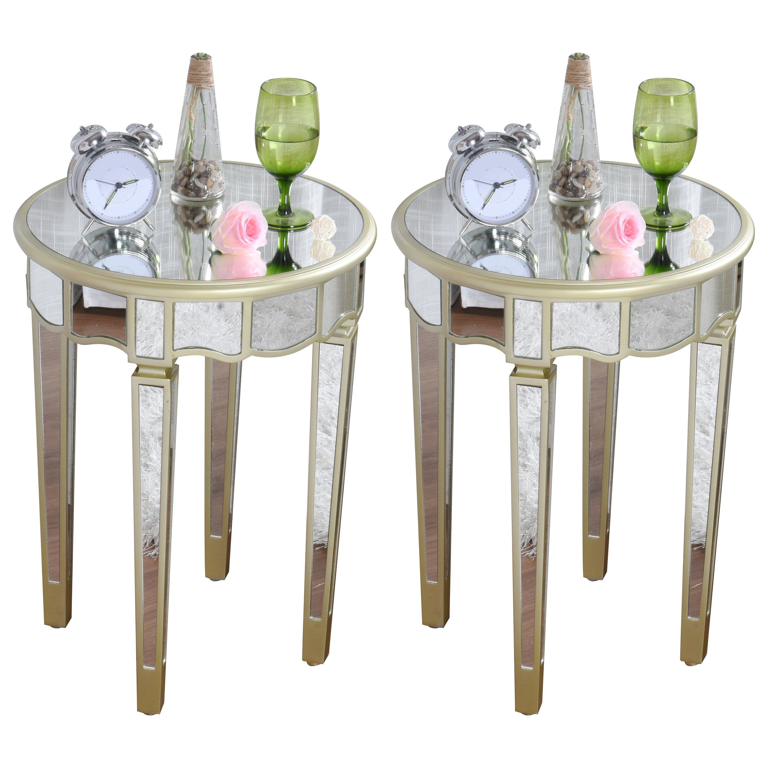 Round Glass Top Side End Table Modernistic Solid Wood 4 Legs End Table