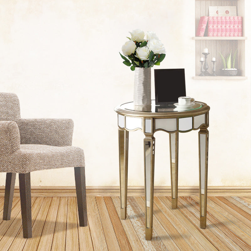 Round Glass Top Side End Table Modernistic Solid Wood 4 Legs End Table