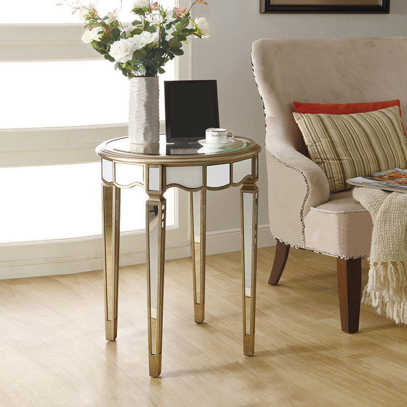 Round Glass Top Side End Table Modernistic Solid Wood 4 Legs End Table