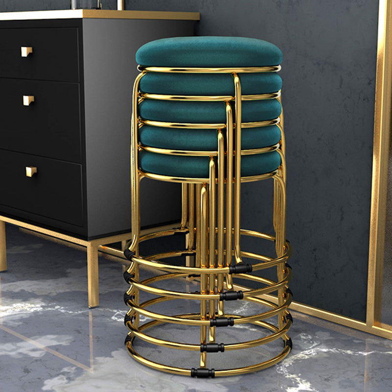 Modern Ottoman Velvet Upholstered Solid Color Metal Frame Round Ottoman