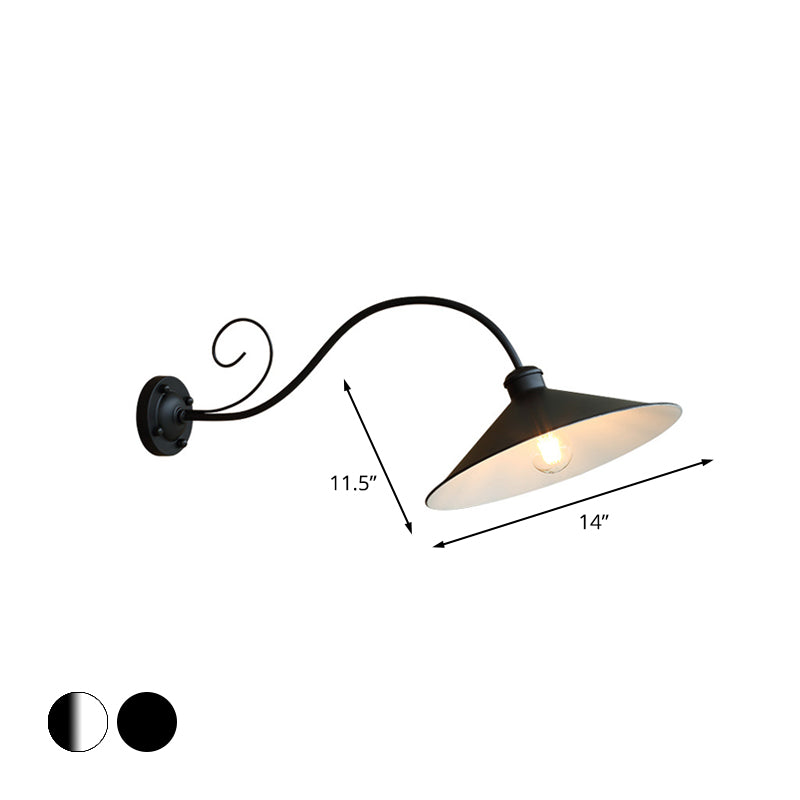 Antiqued Flared Wall Light Fixture 1-Light Metal Sconce Lamp in Black/Black and White with Curved Arm for Outdoor