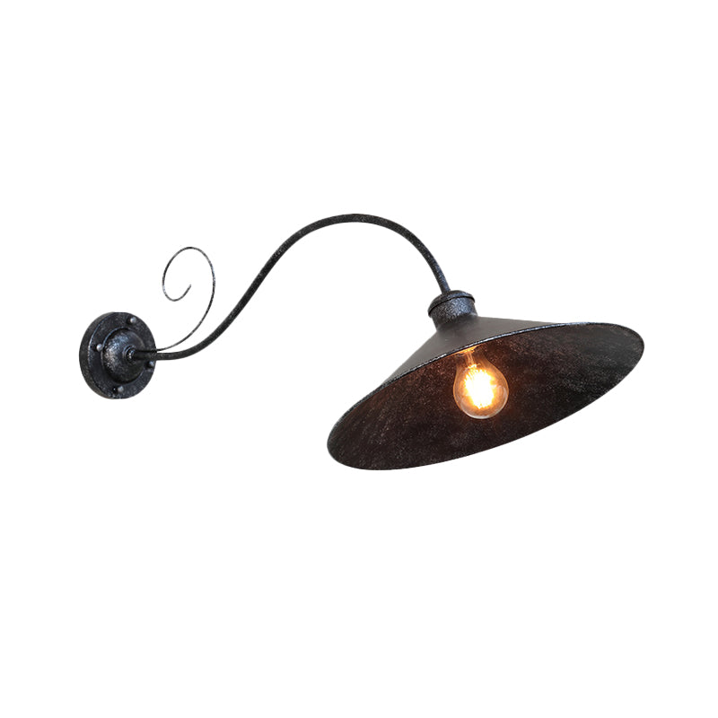 Antiqued Flared Wall Light Fixture 1-Light Metal Sconce Lamp in Black/Black and White with Curved Arm for Outdoor