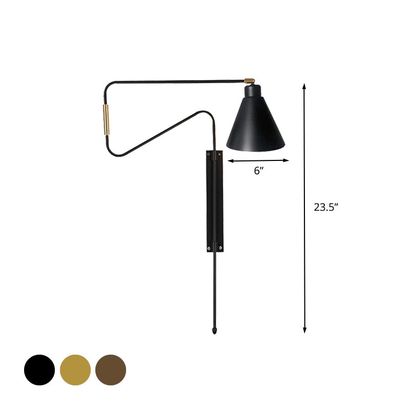 1-Bulb Wall Lighting Vintage Conical Iron Rotatable Wall Mount Sconce with Black/Gold/Coffee Backplate and Arm