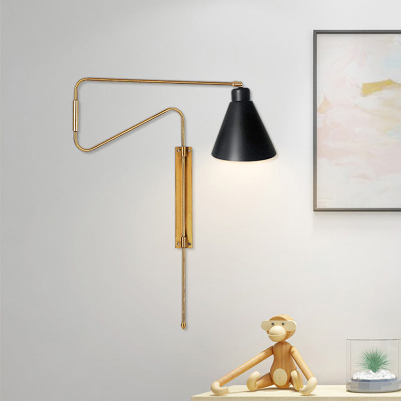 1-Bulb Wall Lighting Vintage Conical Iron Rotatable Wall Mount Sconce with Black/Gold/Coffee Backplate and Arm