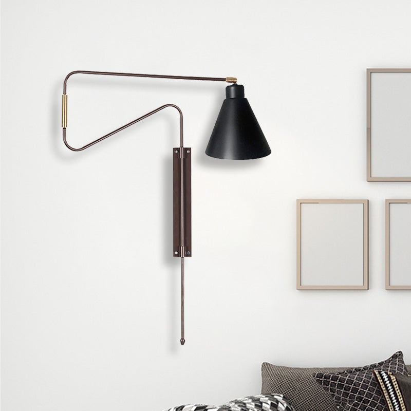 1-Bulb Wall Lighting Vintage Conical Iron Rotatable Wall Mount Sconce with Black/Gold/Coffee Backplate and Arm