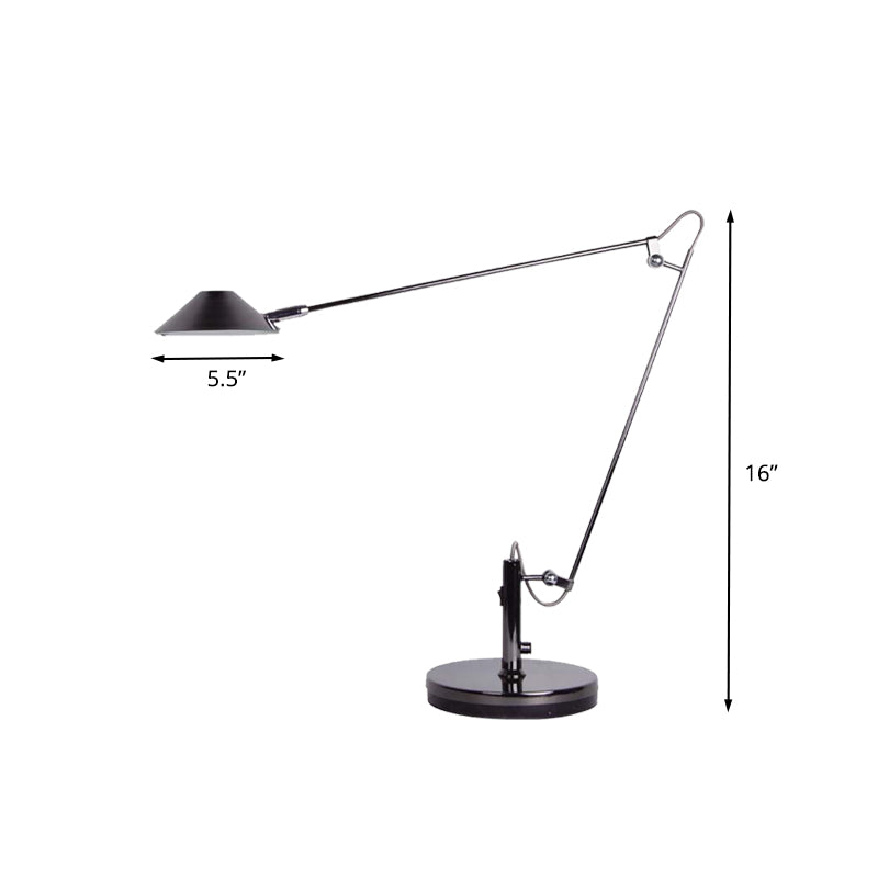 Iluminación de mesa cónica negra Lámpara de tarea de oficina de LED de metal industrial con brazo largo ajustable