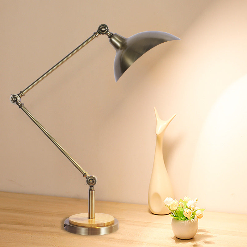 Farmhouse Dome Shade Table Light LED Metallic Reading Book Lamp in Silver with Swing Arm