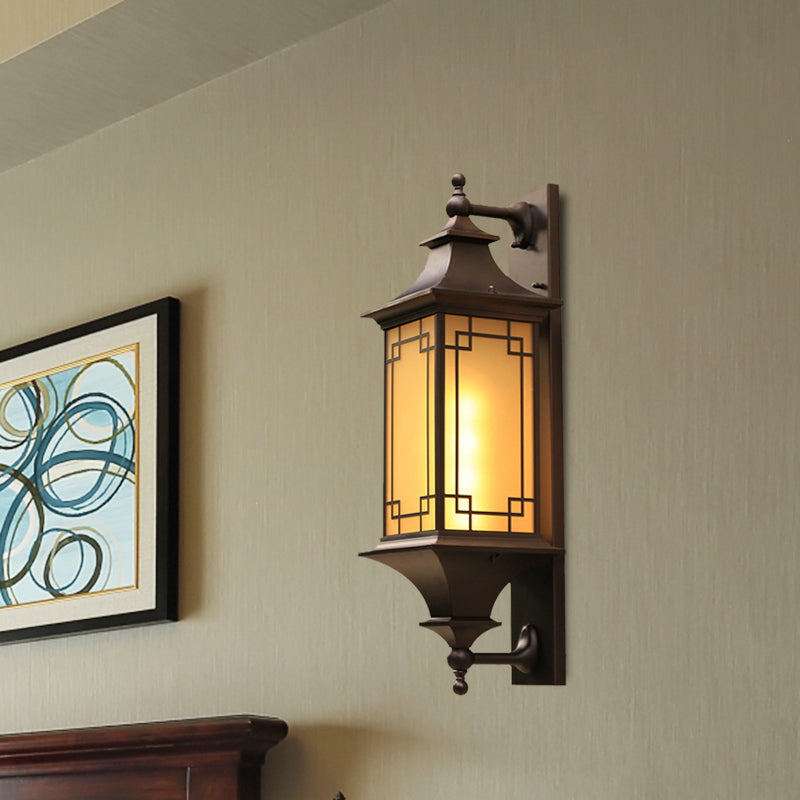 1-Light Wall Lighting Rustic Cuboid Amber Glass Wall Mount Sconce in Brown with Double Arm