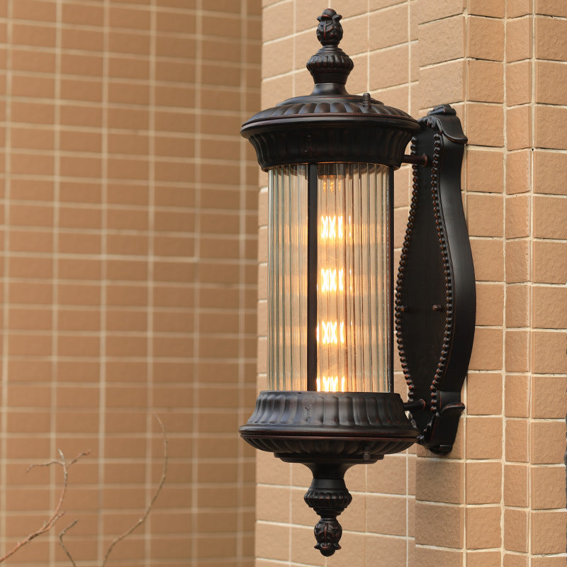 Black 1-Light Wall Sconce Lamp Country Clear Ribbed Glass Cylindrical Wall Lighting Ideas