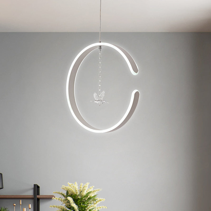 Acrylic Ring Pendant Lamp Minimalist LED Hanging Ceiling Light in White/Black with Bird Crystal Decor