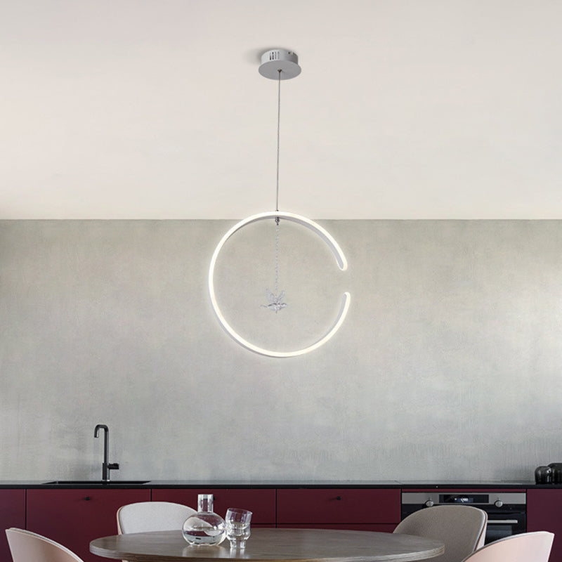 Acrylic Ring Pendant Lamp Minimalist LED Hanging Ceiling Light in White/Black with Bird Crystal Decor